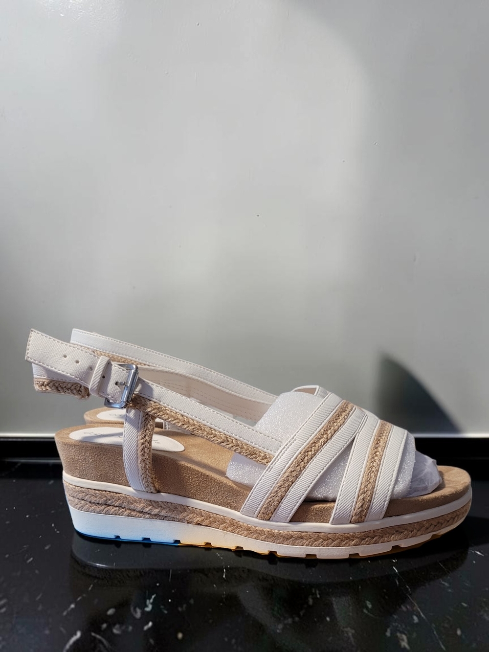 easy street White Espadrille-Inspired Slingback Wedge Sandal
